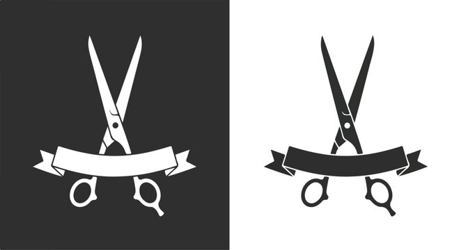 Black and white logo design featuring a pair of scissors cutting a ribbon with a decorative banner for branding