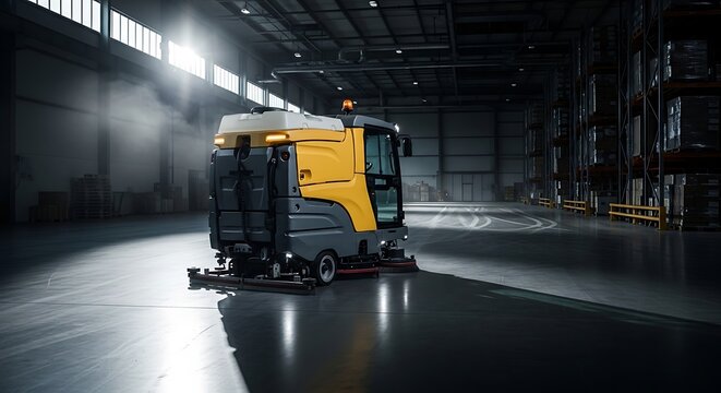 Professional industrial floor cleaning machine in warehouse with dramatic lighting and wide angle view. Commercial cleaning concept with high detail texture and industrial environment.