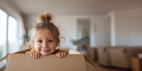 Fototapeta premium Cute little girl inside cardboard moving box at home. Family relocation and moving day concept. Child playing during house move.