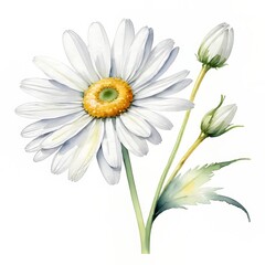 Naklejka premium Watercolor Daisy Illustration: Delicate White Petals, Sunny Yellow Center, Loose Brushstrokes, Floral Element on White Background for Designs