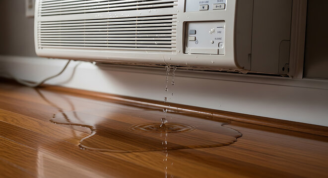 Malfunctioning window air conditioner leaking water onto a wooden floor, causing a puddle and potential damage