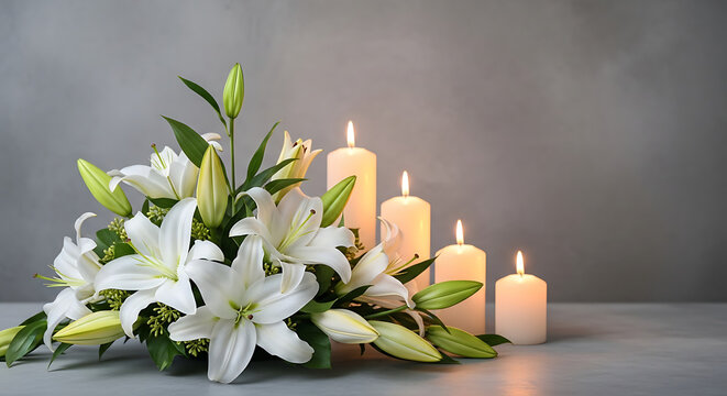 White lily flowers bouquet with lit candles on gray background, serene funeral or memorial setup with soft lighting