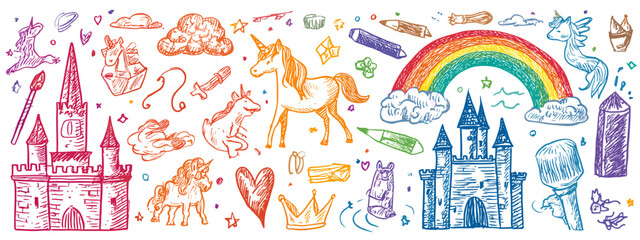 Colorful kids fantasy drawings with unicorns castles dragons and rainbows hand drawn illustration © AI PIC