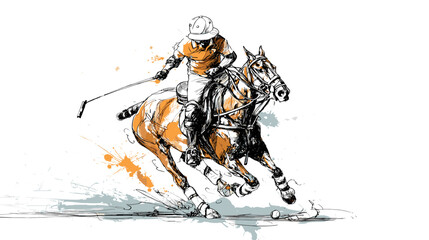 Professional polo player in action riding black horse on white background dynamic sports illustration © AI PIC