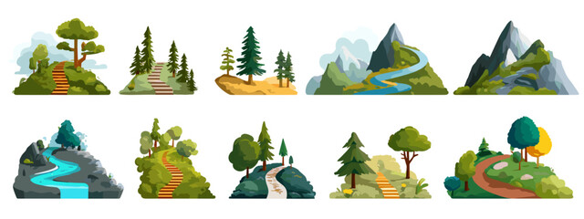 Set of flat seamless nature and cycling trail icons on white background vector illustration © AI PIC