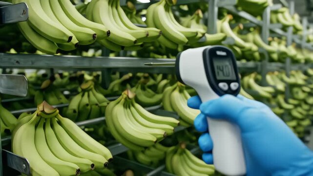 Worker in blue gloves using an infrared thermometer to measure temperature in a commercial cold storage ripening room filled with green bananas on racks