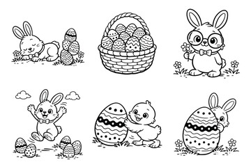 Obraz premium Cute Easter Bunny and Chick Cartoon Set with Decorated Eggs and Basket Black and White Outline Coloring Page Style Spring Holiday Illustration Pack