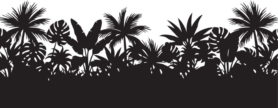 Tropical Jungle Layer Broadleaf and Palm Silhouette Border