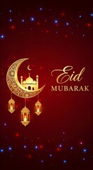 Celebrating eid with traditional lanterns and a crescent moon backdrop