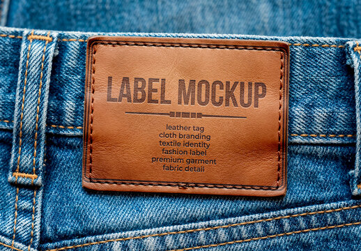 Blank Leather Label Mockup on Blue Denim Jeans