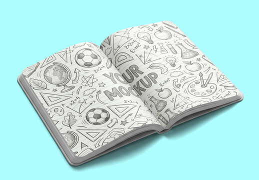 Open blank notebook mockup with empty pages on neutral background