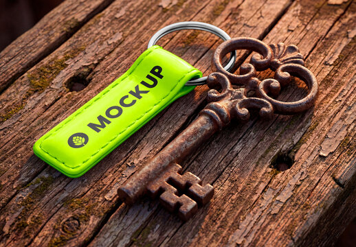 Vintage ornate key with leather keychain on rustic wooden table