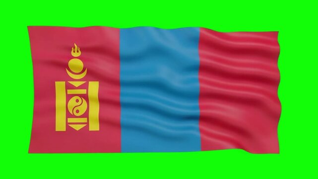 Mongolia National Flag with Soyombo Symbol Waving Animation on Green Screen Chroma Key 4K