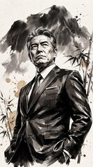 エグゼクティブの信頼感と和風アートを融合した、威厳あるシニア日本人ビジネスマンの緻密な墨絵肖像画