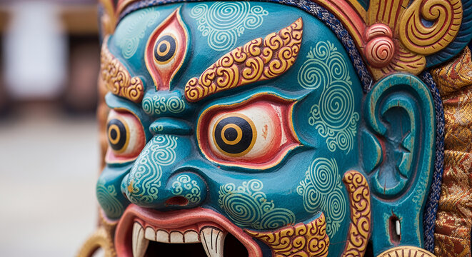 Hemis Festival, Close-up of a traditional wooden wrathful deity mask, vibrant hand-painted details in turquoise and coral