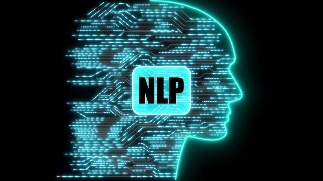 Glowing Neon NLP Head Silhouette with Circuitry and Data Flow on Black Background natural language processing. black background. 4k animation 