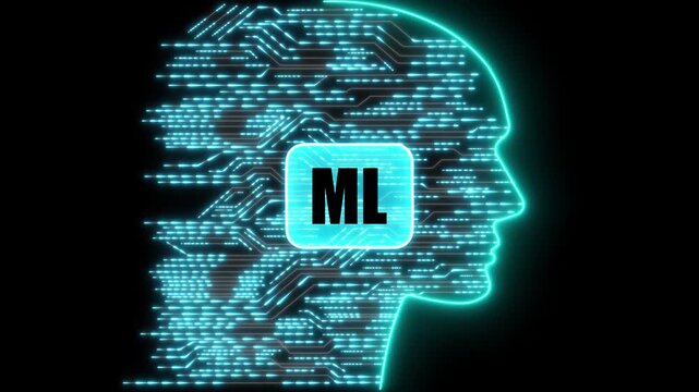 Glowing Neon ML Head Silhouette with Circuitry and Data Flow on Black Background natural language processing. black background. 4k animation 