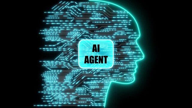 Glowing Neon AI AGENT Head Silhouette with Circuitry and Data Flow on Black Background natural language processing. black background. 4k animation 