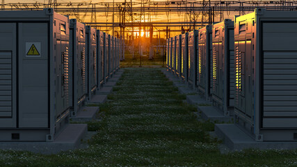 Electricity storage facilities against the backdrop of high-voltage transmission lines.3D rendering