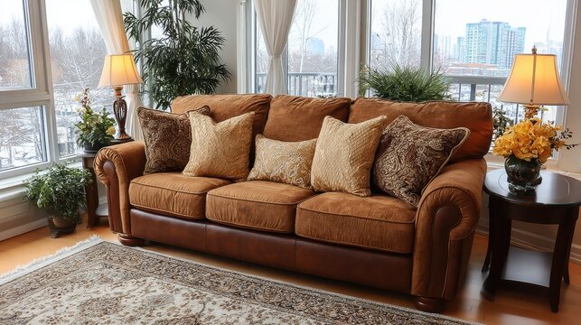 Elegant Brown Sofa with Pillows in Living Room with City View