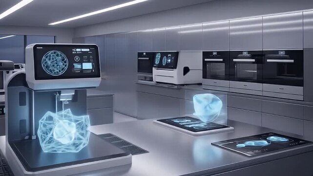 Futuristic silver kitchen with 3D printers and floating holograms