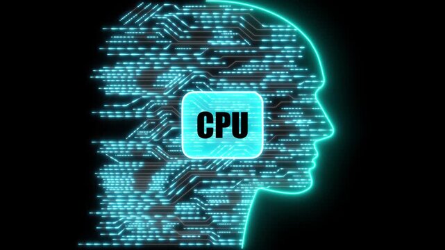 Glowing Neon CPU Head Silhouette with Circuitry and Data Flow on Black Background natural language processing. black background. 4k animation 