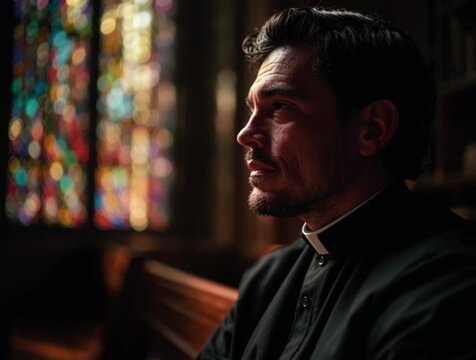 A young priest sits on a pew in a church with his head bowed down
