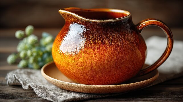 Rustic Ceramic Pitcher with Flowers on Wooden Table, Still Life
