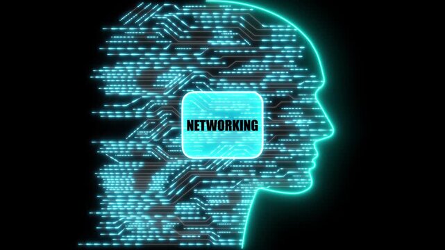 Glowing Neon NETWORKING Head Silhouette with Circuitry and Data Flow on Black Background natural language processing. black background. 4k animation 