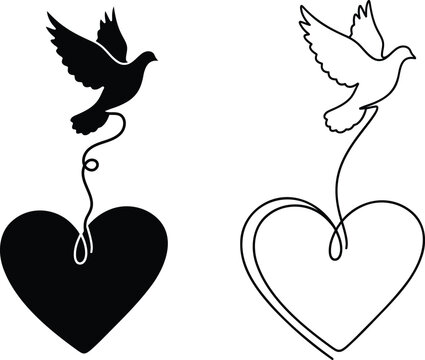 Illustration of two doves flying above hearts, one filled and one outlined