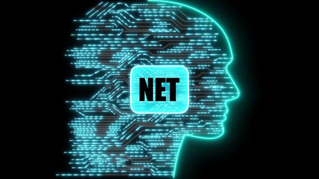 Glowing Neon NET Head Silhouette with Circuitry and Data Flow on Black Background natural language processing. black background. 4k animation 