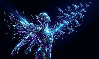 Futuristic crystal human figure transforming into glowing origami birds on dark background