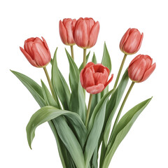 Fototapeta premium Elegant bunch of salmon colored tulips with green leaves against a white background