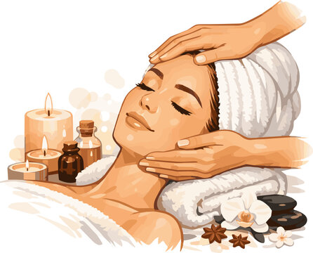  Create a realistic woman receiving a facial massage in a luxury spa bathed in aromatic candlelight. High-quality beauty imagery for beauty salons symbolizing relaxation and beauty care. vector art.