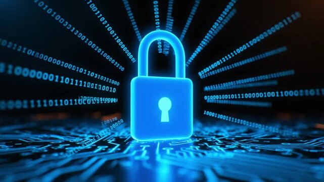 Digital security padlock glowing blue on a circuit board with binary code background, representing data protection and cybersecurity