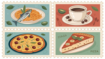 Mediterranean food collection vector stamps featuring pasta coffee pizza and cuisine elements