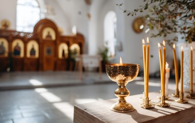 Fototapeta premium Golden Chalice and Candles in a Serene Religious Setting