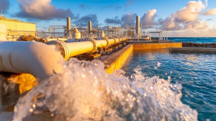 Large Water Desalination Plant Under Dramatic Sky at Sunrise