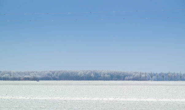 Wide frosty landscape in the Netherlands after snowfall and strong winds