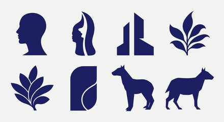 Collection of Minimalist Blue Silhouettes - Human Profiles, Buildings, Plants, and Animals. © Wita