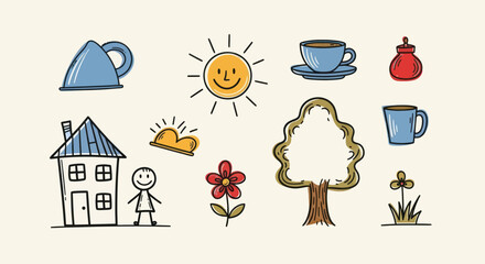 Collection of Hand-Drawn Everyday Objects and Nature Elements for Children.