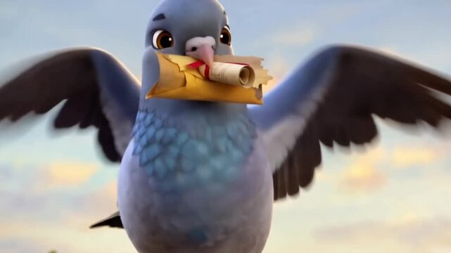 Animated pigeon holding scroll closeup.