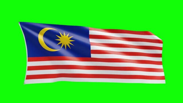 Malaysia National Flag Jalur Gemilang Waving Animation on Green Screen Background Chroma Key 4K