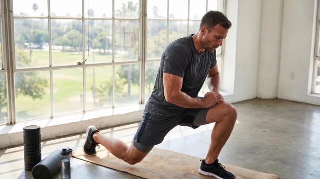 Athletic man performing a forward lunge exercise at home, focusing on strength training, mobility, and a healthy indoor workout routine.