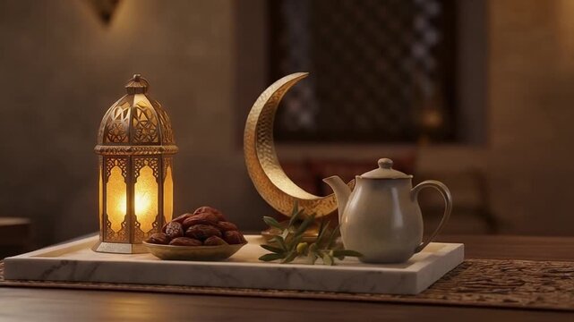 Traditional Ramadan concept with illuminated lantern, crescent decor, dates, and tea set on a tray, creating a serene and spiritual holy month atmosphere.
