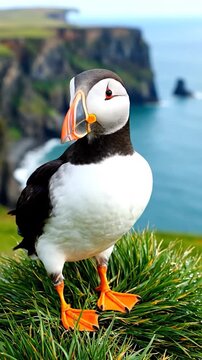 A seabird stands on grassy cliff overlooking the ocean