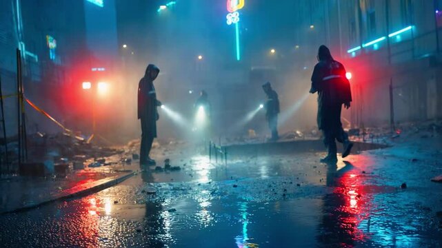 Yellow crime scene do not cross tape on a dark rainy city street at night. Police investigators with flashlights searching for evidence in the background. Cyberpunk neon city