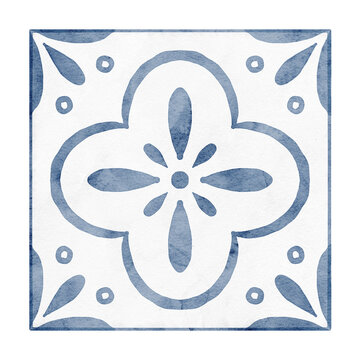 Watercolor illustration of square ceramic Tiles with blue ornamental floral motifs and symmetrical geometry. Mediterranean Azulejo style elements isolated for interior design, kitchen backsplash