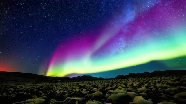 Spectacular aurora borealis dances across a starry night sky above a rocky landscape
