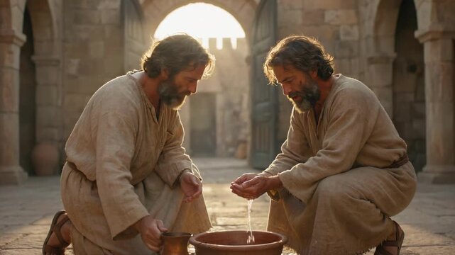 Two men in ancient biblical robes kneeling on a stone floor. One person pouring water from a clay pitcher over the hands of another into a basin. Religious historical scene